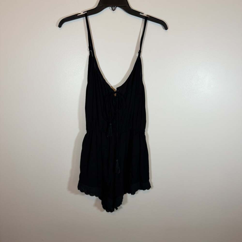 Auguste The Label Black Romper Womens 6 V-Neck Tie Up Closure Lace Bottom Hem
